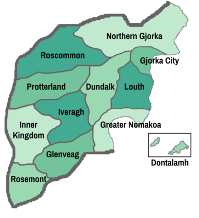A map of Ireland showing traditional county borders and names with Northern Ireland counties colored tan, all other counties colored green