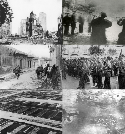 A collage of 6 black and white images from the Creeperian Civil War. Clockwise from top-right: a street covered in debris with the ruined architectural frames of buildings on each side of the street during the Siege of San Salvador, to men armed with rifles pointing their guns at four men prior to being extrajudicially executed, a large crowd of paramilitary soldiers armed with rifles standing in formation, an aerial view of three propeller warplanes (Maroto FA-1Hs) flying over farmlands, an aerial view of a concentration camp (Teguracoa Extermination Camp) showing numerous barracks buildings (used as prison blocks) after being captured, five soldiers runnings through a street covered in debris and surrounded by buildings on both sides during the Siege of La'Victoria.