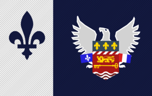 A horizontal white and blue flag depicting a Fleur-de-Lys and the Coat of Arms of Quebecshire.