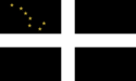 A white cross on a black background. The plough in gold on the canton.