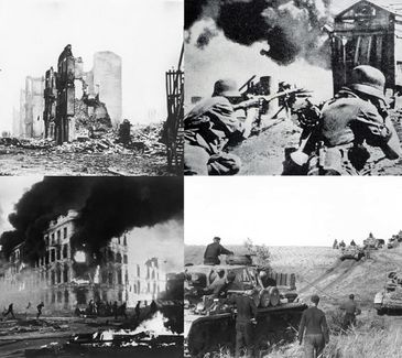 Clockwise from top left: Ruins in Denilla in 1948, National Council soldiers in 1946, Imperial Council vehicles during Operation Watermelon in 1949, the San Salvador Imperial Palace burning in 1948.