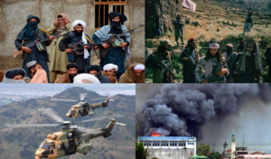 Clockwise from top left: SOHEDEL rebels in Helwan, SEM rebels near Lajh, a mosque burning in Dishna, Creeperian Army helicopters near Río de Valdéz.