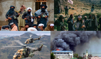 Clockwise from top left: SOHEDEL rebels in Helwan, SEM rebels outside of Lajh, a mosque burning in Dishna, Creeperian Army helicopters near Río de Valdéz.