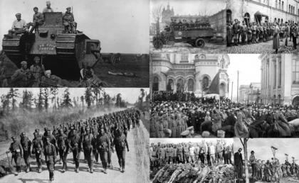 A collage of 7 black and white images from the Rakhmani Civil War. Clockwise from top-right: a tank and its crew belonging to the Şūroi Podşoh resting in central Rakhman, several gunmen drive by on a truck while preparing to fire on Barobarī supporters, a Rakhmani general gives orders to Monsilvan soldiers, large Barobarī protest on the streets of Soligorsk, hanging of Barobarīs in Uzdev by the Şūroi Podşoh, victims of Barobarī brutality in central Rakhman, soldiers under command of the Şūroi Podşoh march through eastern Rakhman.
