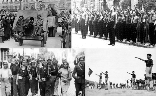 Clockwise from top left: Creeperian Army soldiers in San Salvador during martial law, Camisas Negras celebrating the death of Édgar Cazalla Beldad, Youth of the Catholic Royalist Party, Atheist Red Army demonstration.