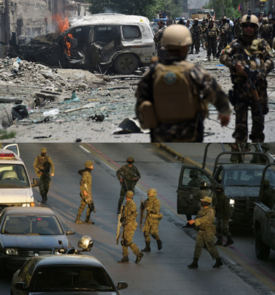 The car bombing in San Juan Diego (top) and Creeperian Army soldiers in San Salvador (bottom).