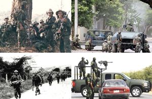 Clockwise from top left: Soldiers of the ECCP, army soldiers in a shootout with MS, army soldiers operating a technical, patrolling FRENAMI soldiers.