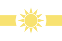 A white flag with a horizontal yellow stripe deriving from the left and the right in middle position, interrupted by a yellow sun, with rays of light emanating from it.