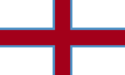 Flag of Svedonia; a red cross surrounded by blue outline, on white background.